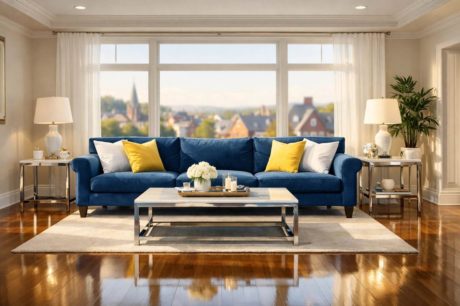Polished luxury living room kept tidy with regular house cleaning services Worcester MA.