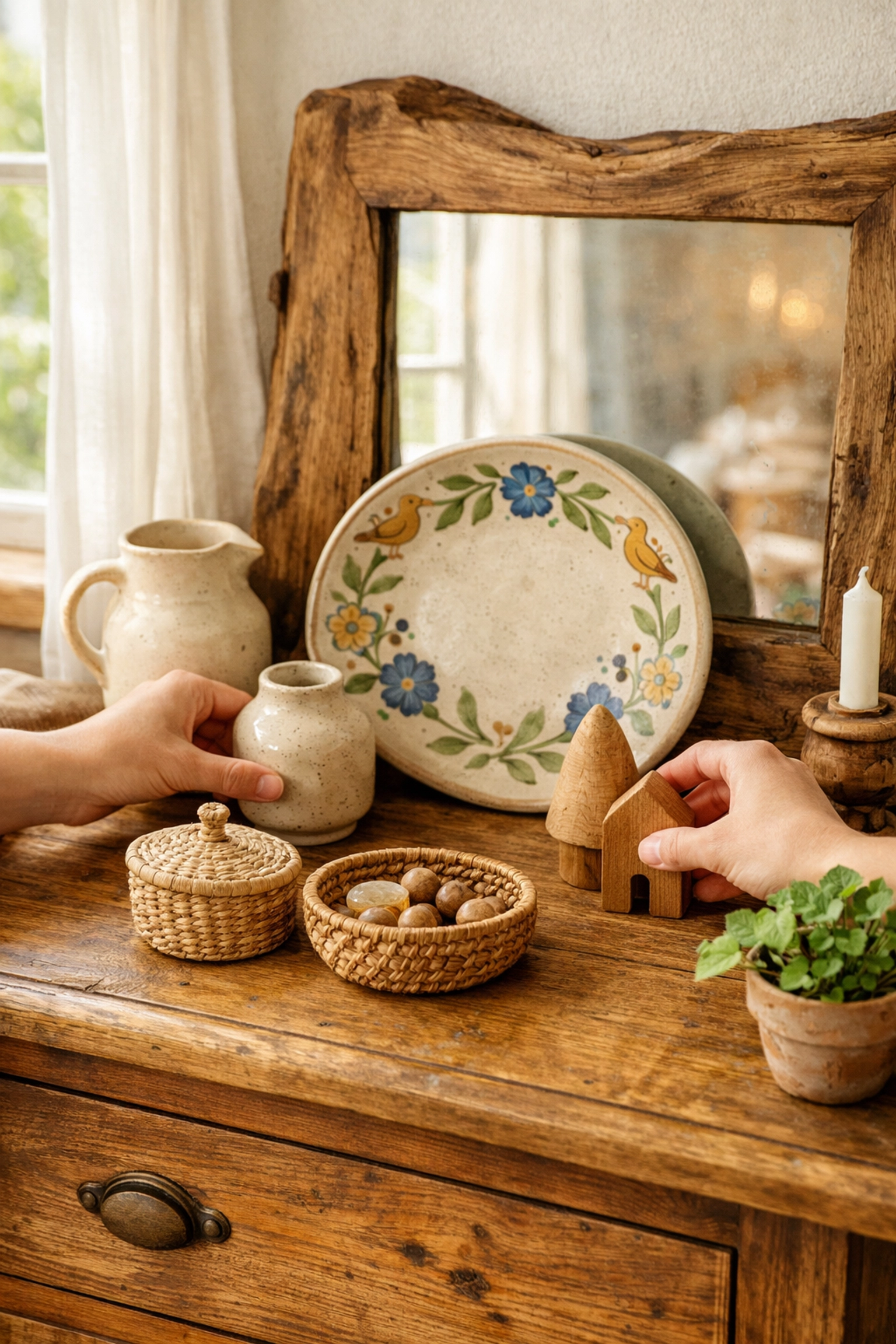 Arranging handmade ceramic vessels and wooden decor pieces on dresser for spring home refresh