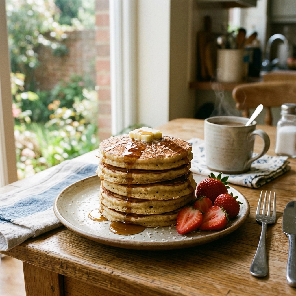 A stack of fluffy coconut flour pancakes with strawberries