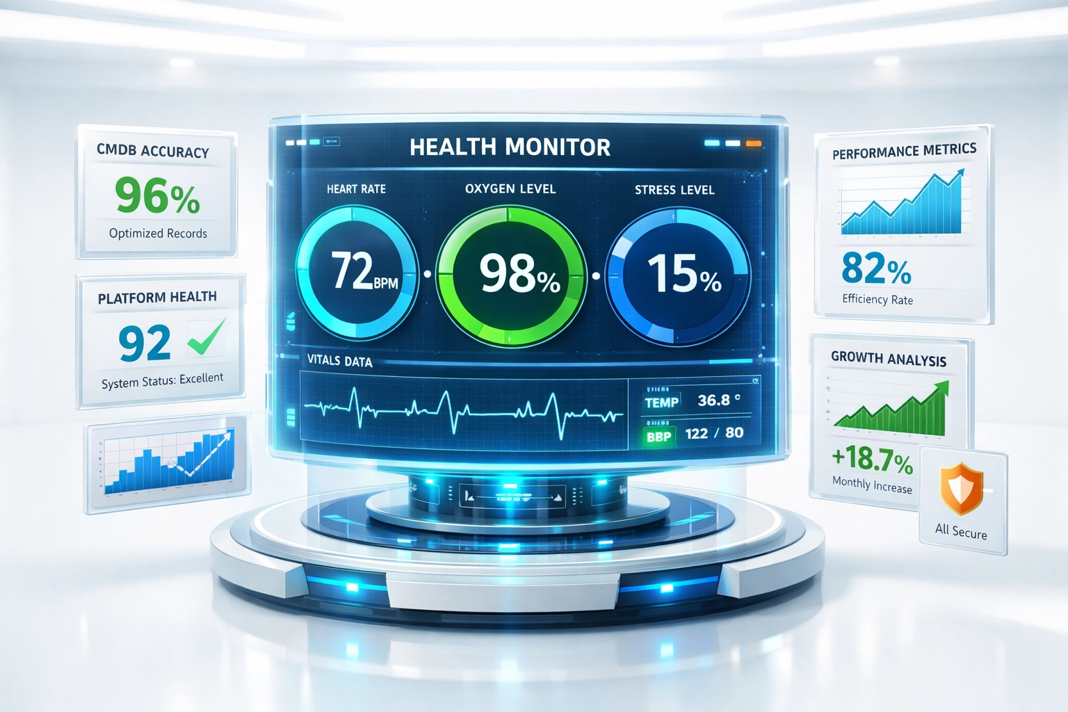 ServiceNow platform health monitoring dashboard displaying CMDB accuracy metrics