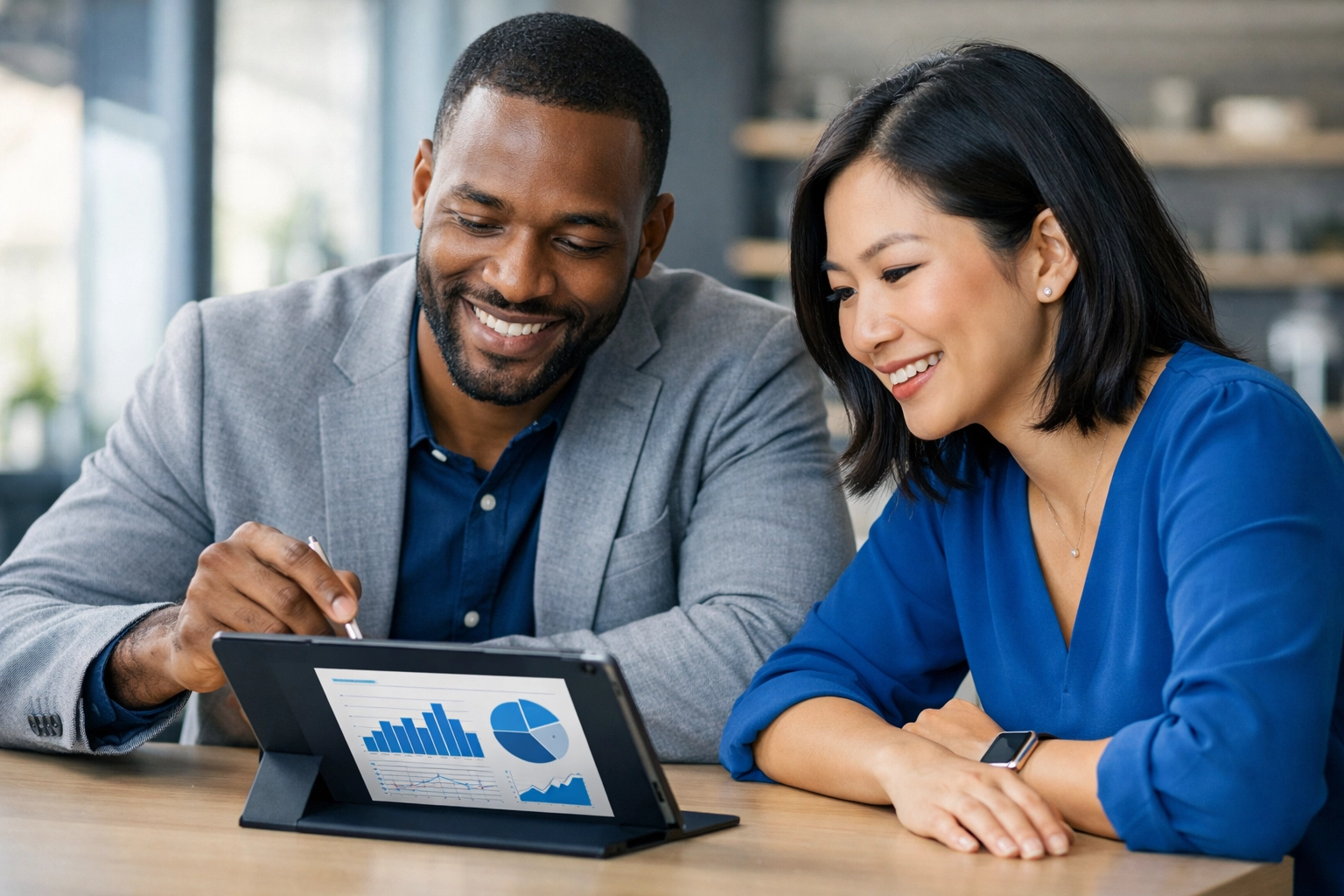 Business partners discussing multi-state payroll taxes and PTET strategy in a modern office.