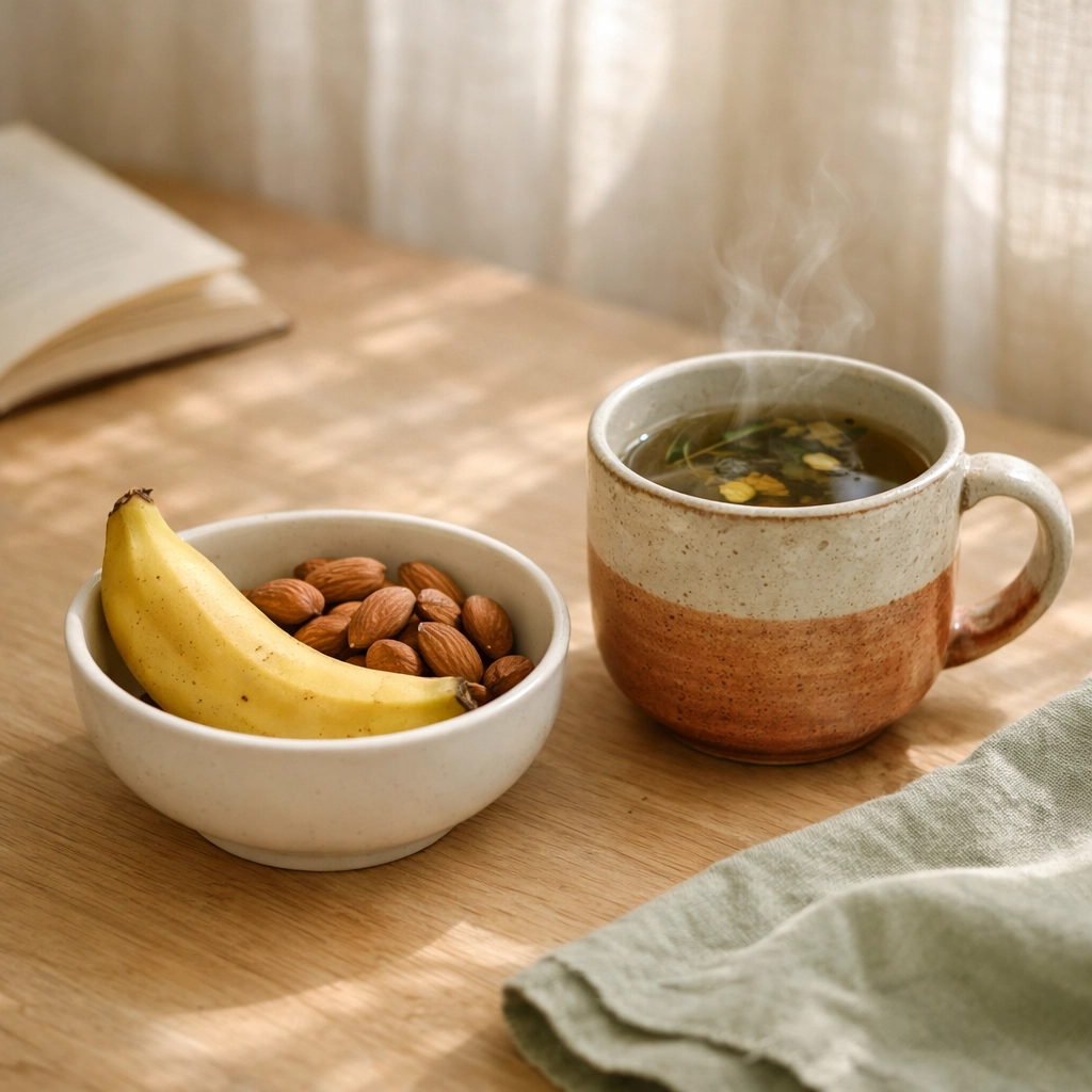Light morning snack with almonds and banana beside a steaming cup of digestion tea