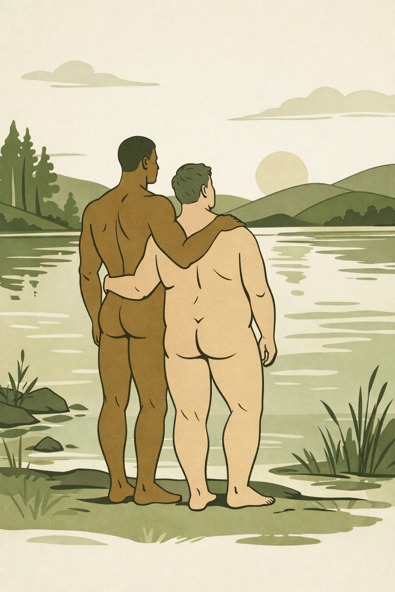 Diverse men by a lake, representing body appreciation and emotional depth in gay fiction.
