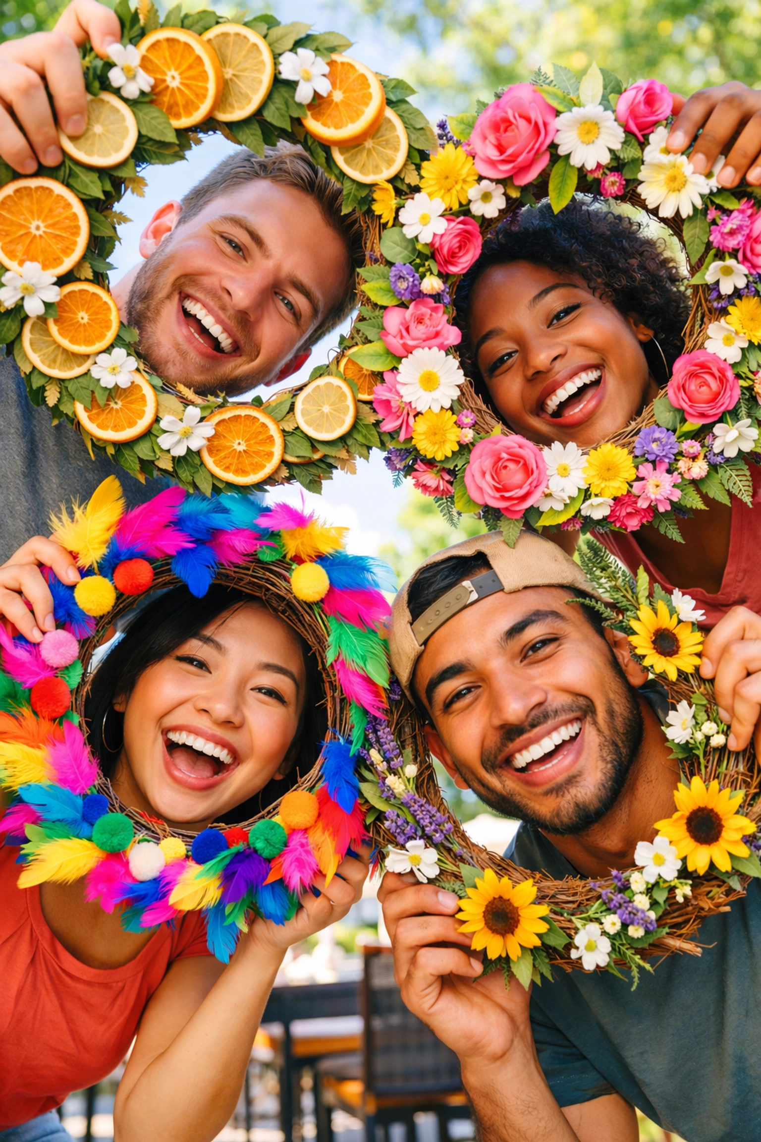 Happy friends showing off their custom citrus and floral wreaths after a The Craft Factory DMV workshop.