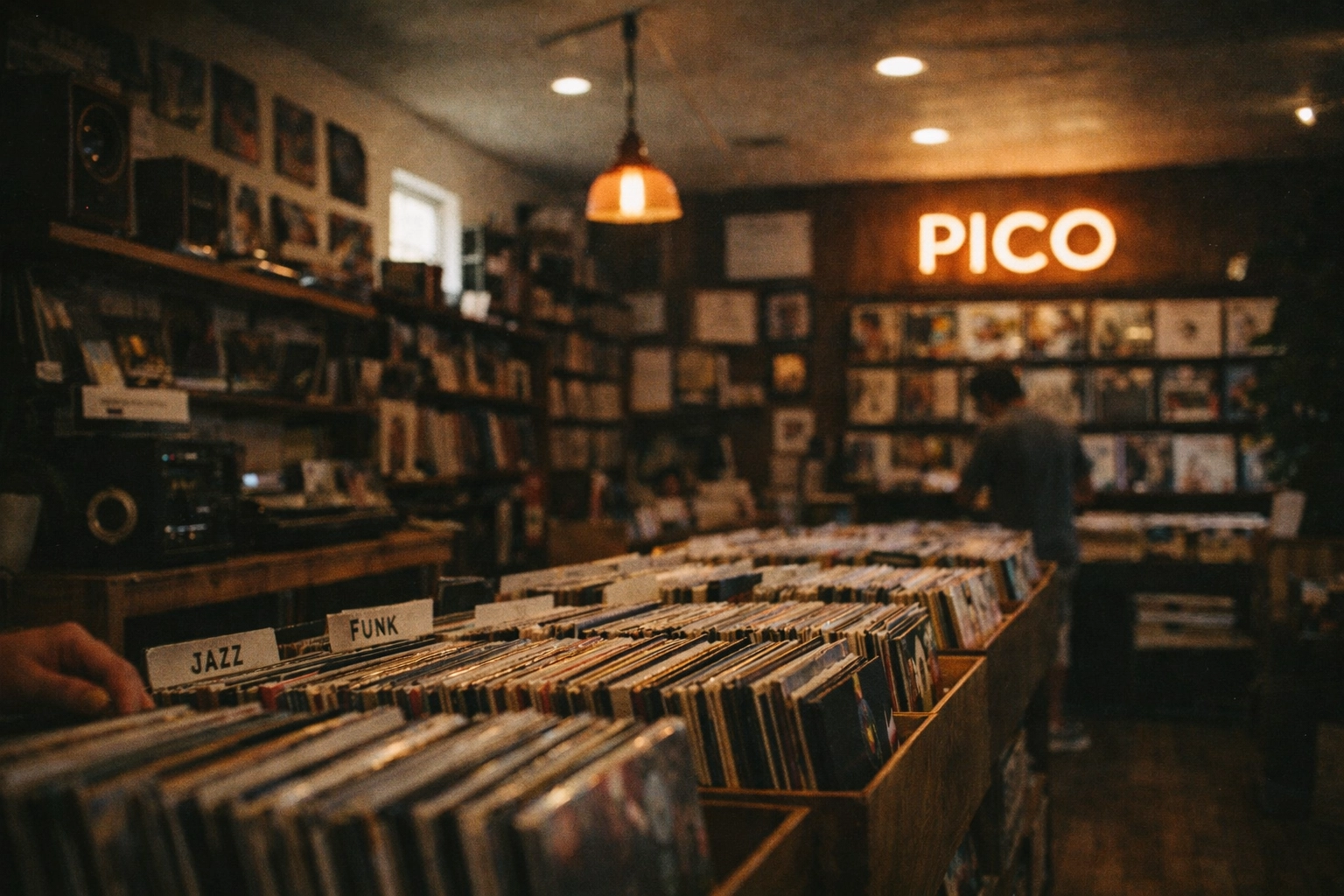 Hands flipping through vinyl records in wooden crates at Nivessa Pico record store Los Angeles
