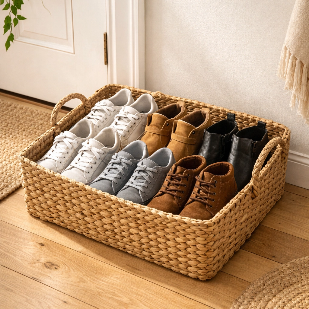 Woven basket organizing shoes by entryway door for clutter-free storage