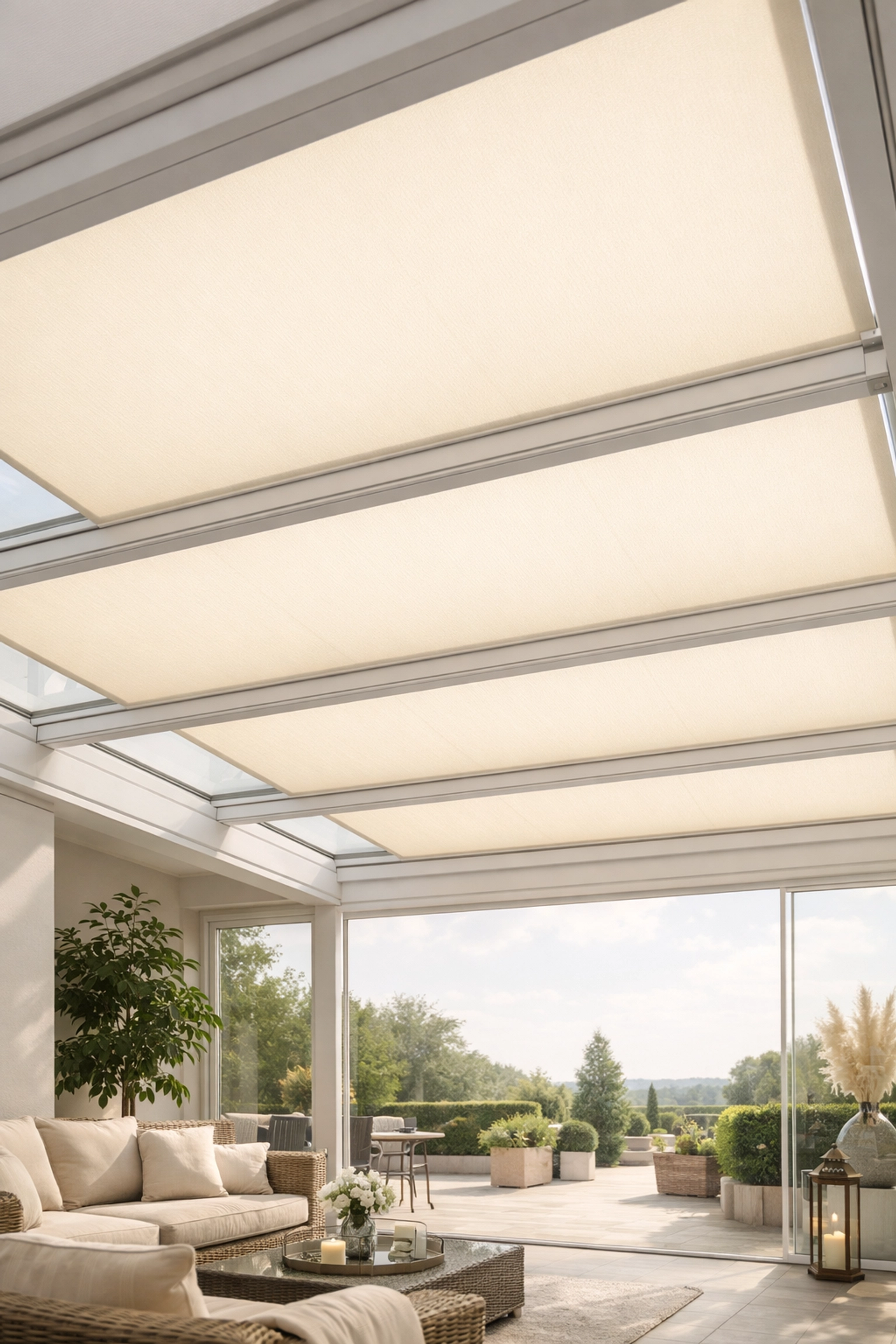 Helle Unterglasmarkise montiert unter einem Terrassendach aus Aluminium.