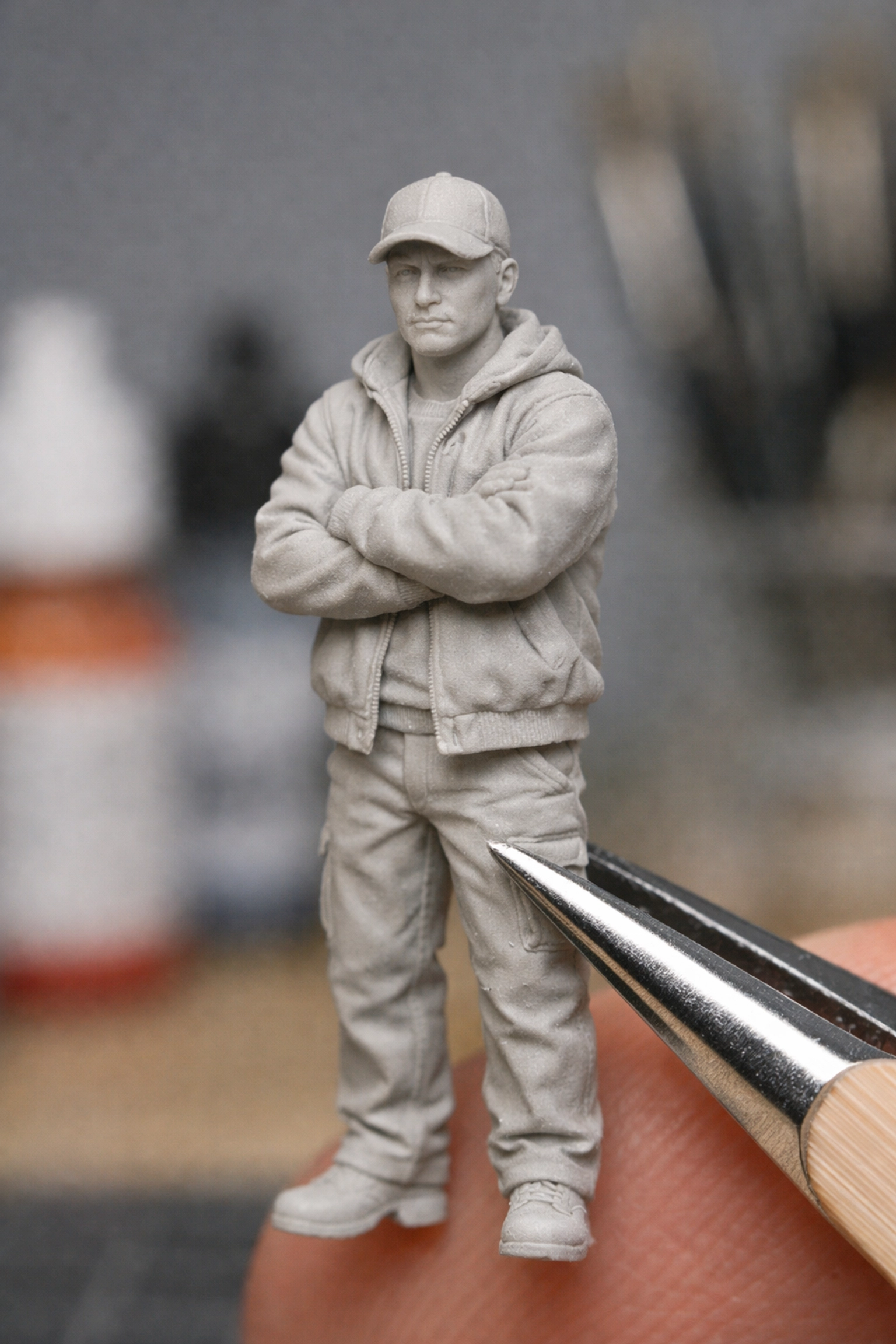 High-detail 1:64 scale resin miniature figure held with tweezers showing realistic clothing folds.