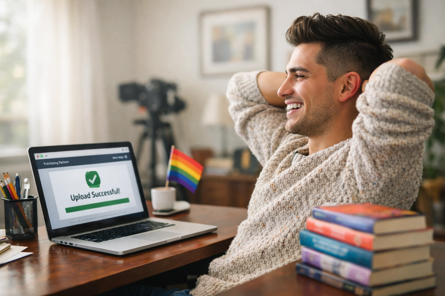 A gay author celebrates at his desk after successfully uploading his MM romance novel to Read with Pride.