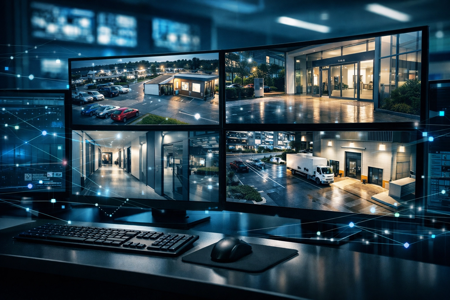 Security operations center monitoring multiple live camera feeds from Michigan business facility