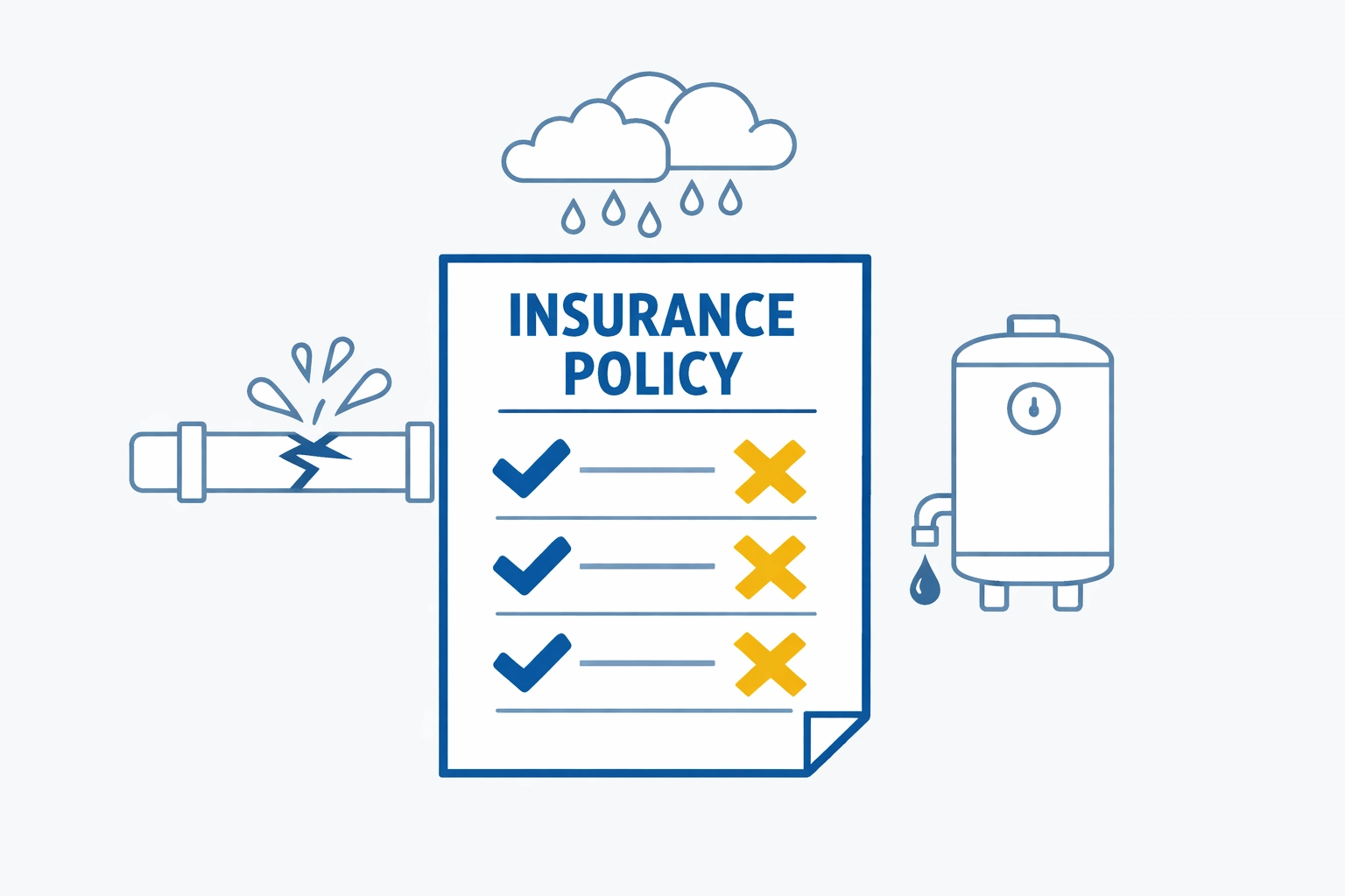 Water damage insurance policy coverage types including burst pipes and flooding