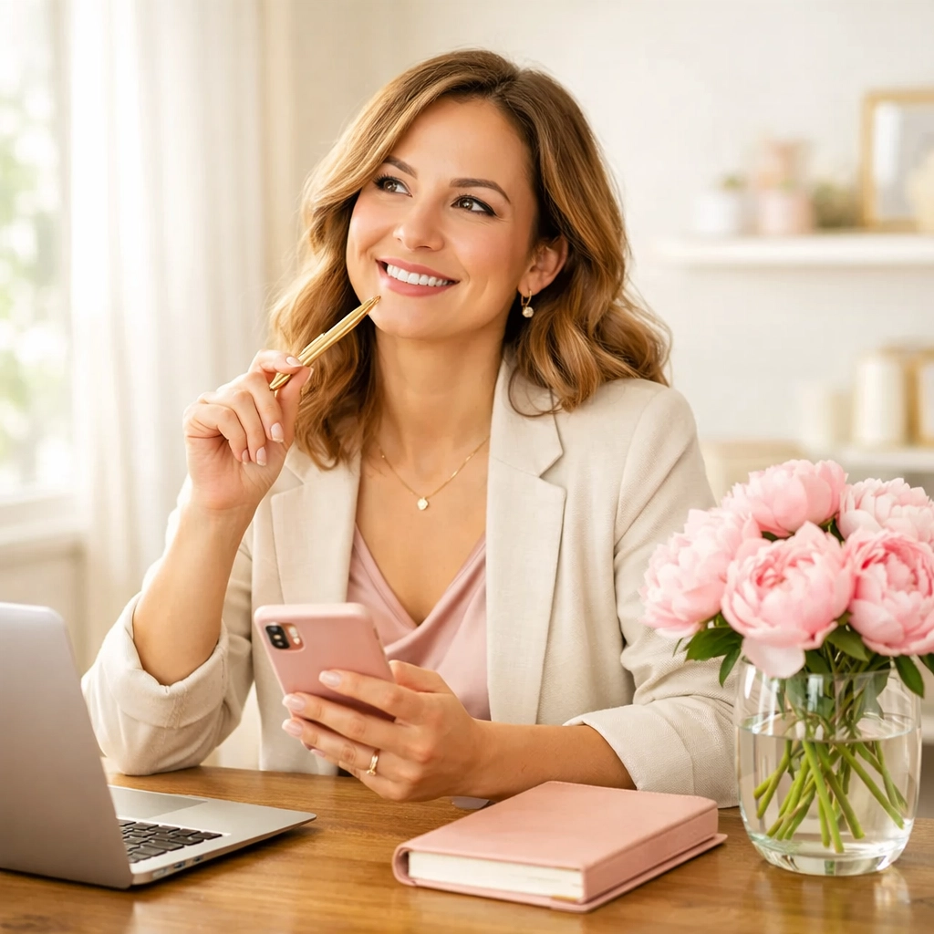 Professional woman at an elegant desk adding a human touch to small business branding and lead generation.