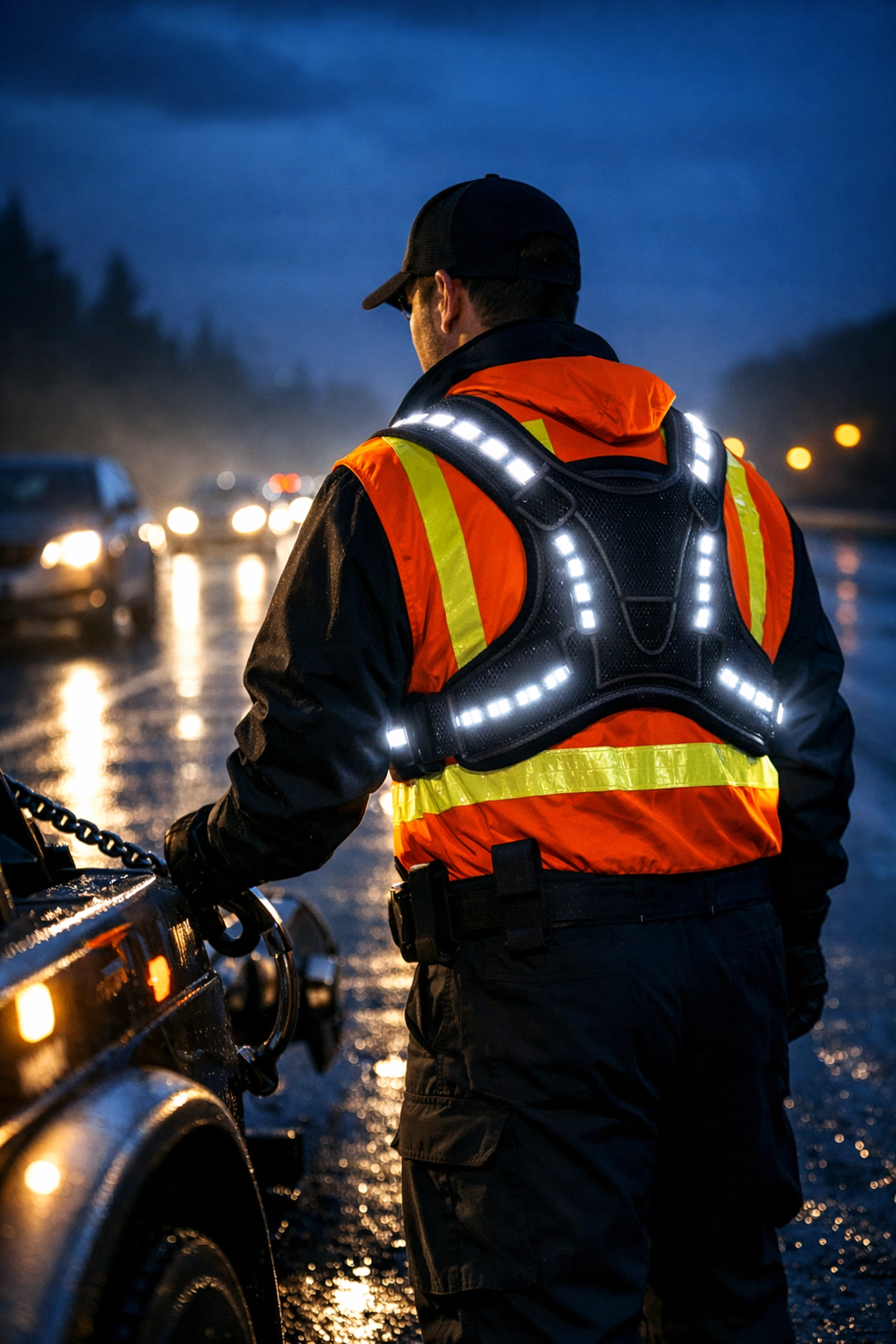 Tow truck operator wearing illuminated LED safety vest on dark highway at night