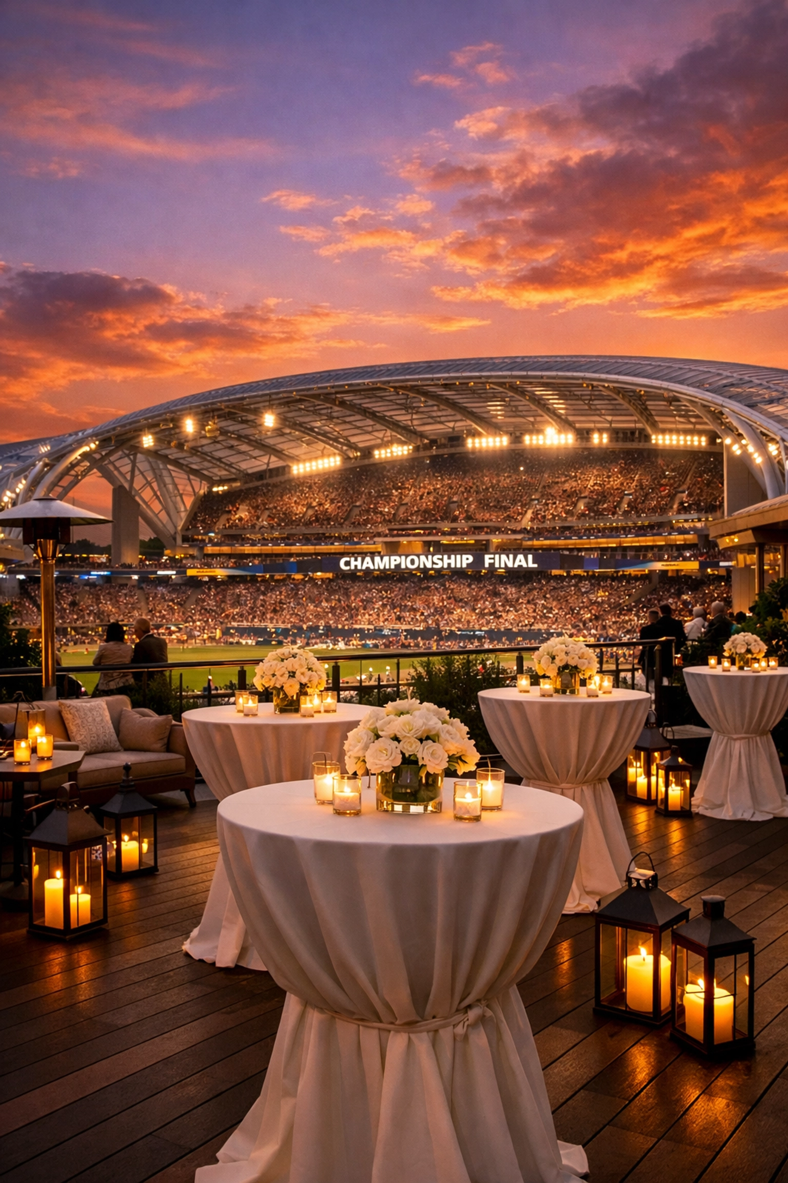 Elegant VIP hospitality terrace at a sports stadium for Super Bowl corporate networking.