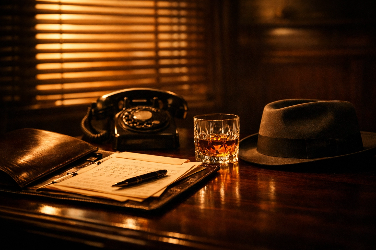 Vintage consigliere office desk with fedora and legal documents representing Tom Hagen's role in The Godfather