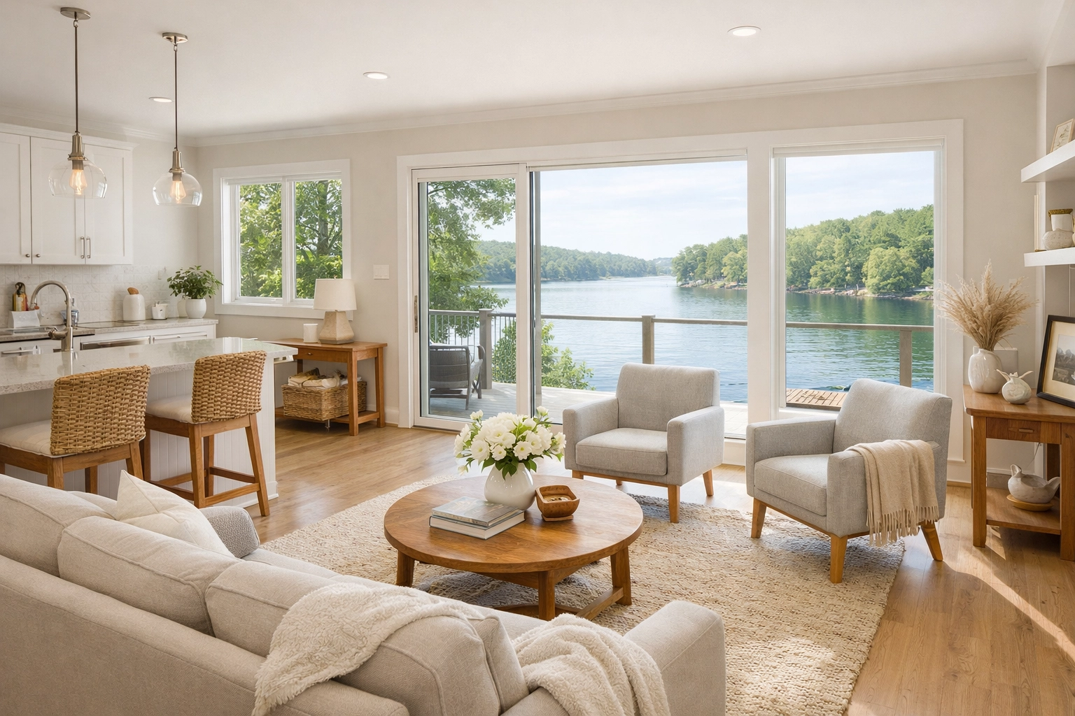 Open-concept living space in downsized Hickory NC home overlooking Lake Hickory