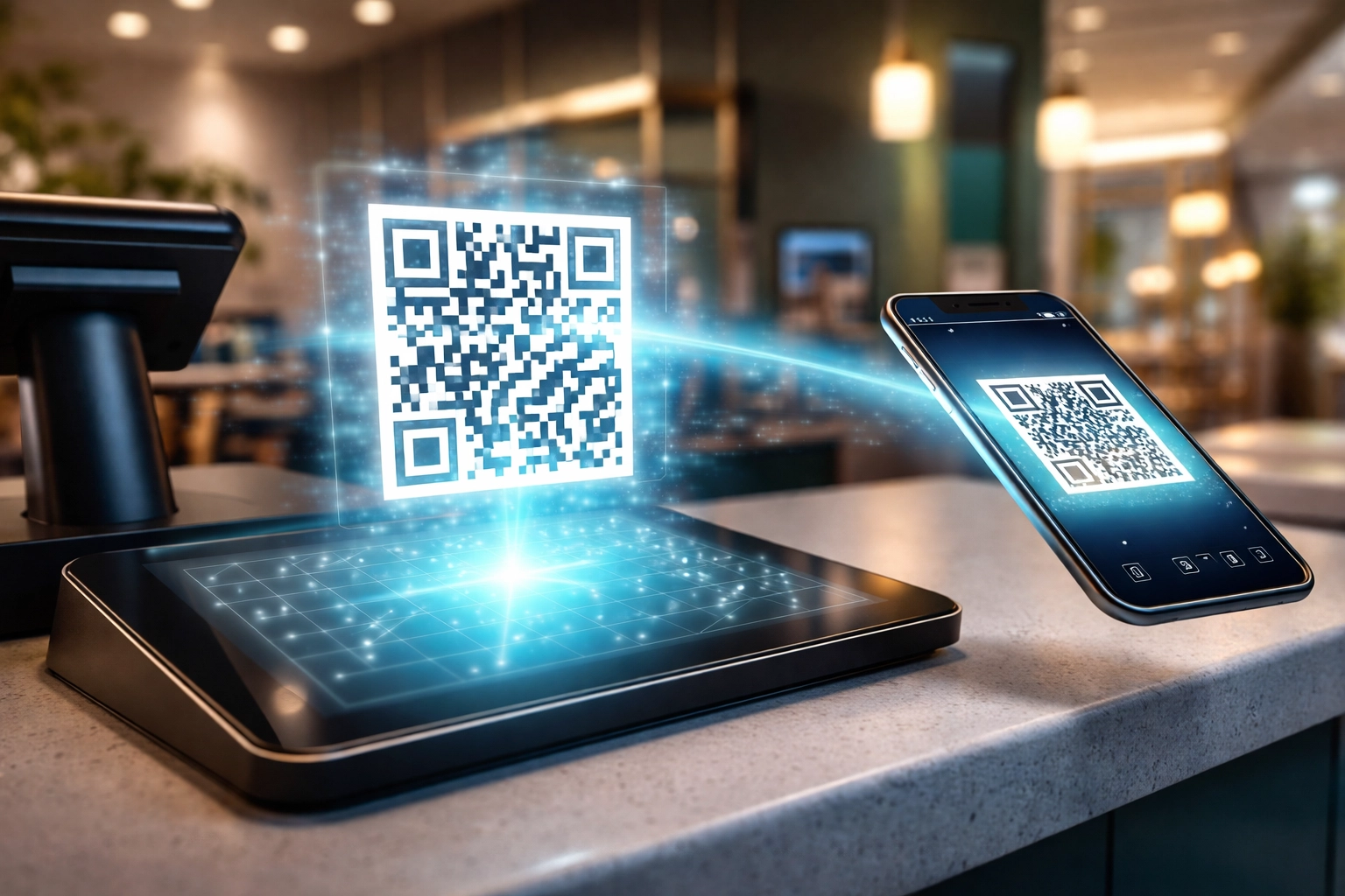 Modern retail checkout showing QR code crypto POS payment, with blockchain connectivity and tech-forward store ambiance