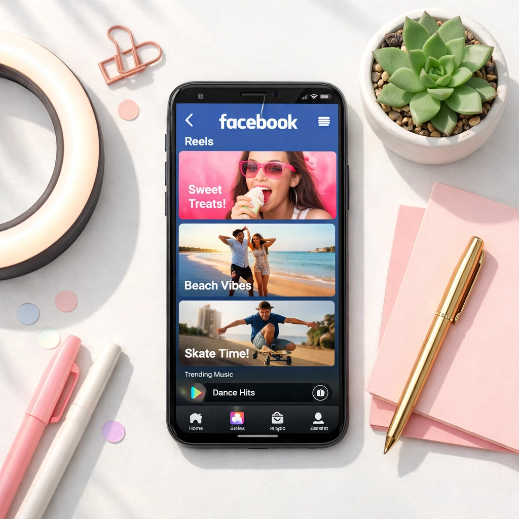 Smartphone displaying Facebook Reels interface with content creation tools for business video marketing