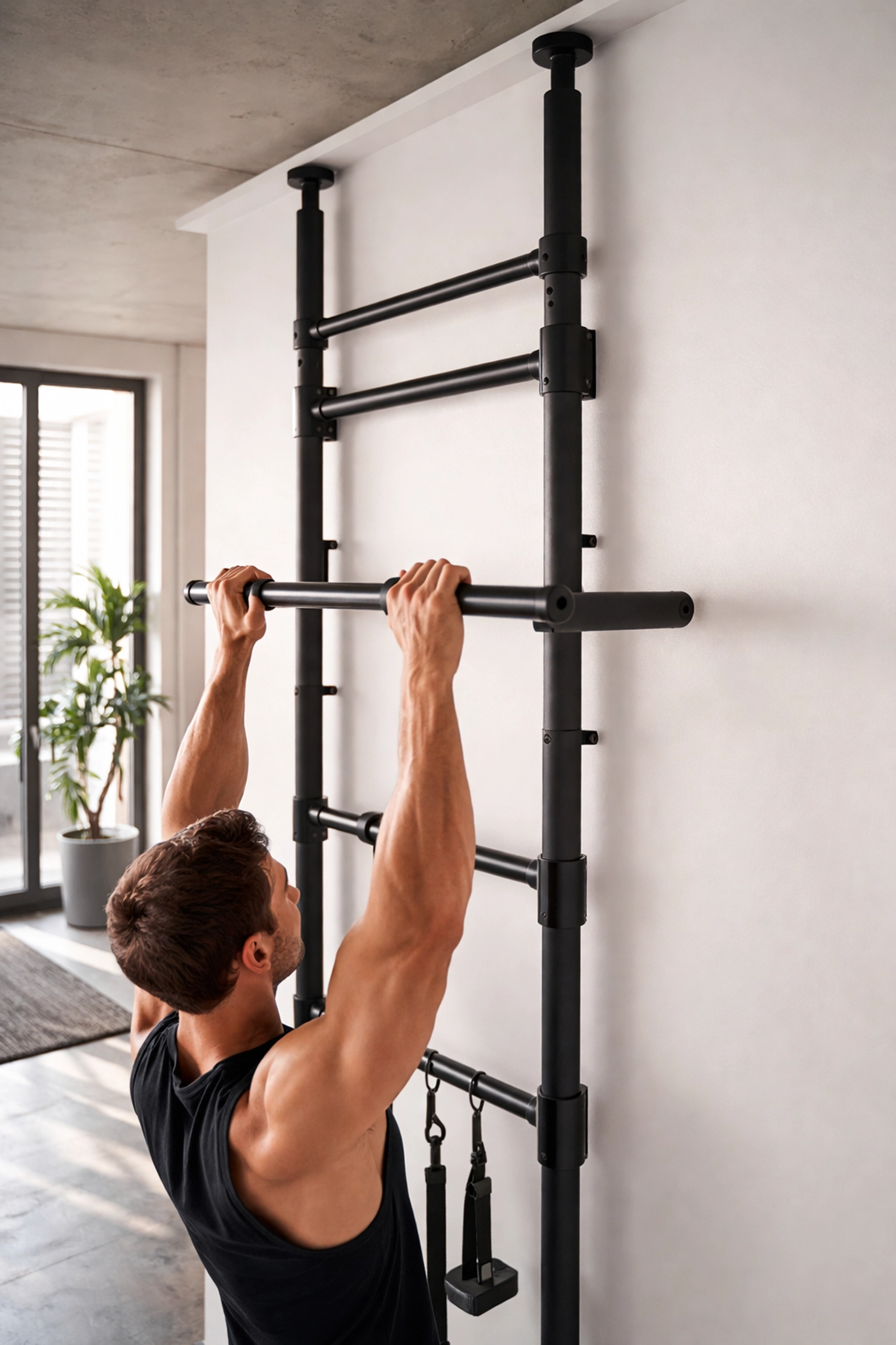Modern apartment gym setup with a floor-to-ceiling tension-mounted pull up bar, showing secure and damage-free installation