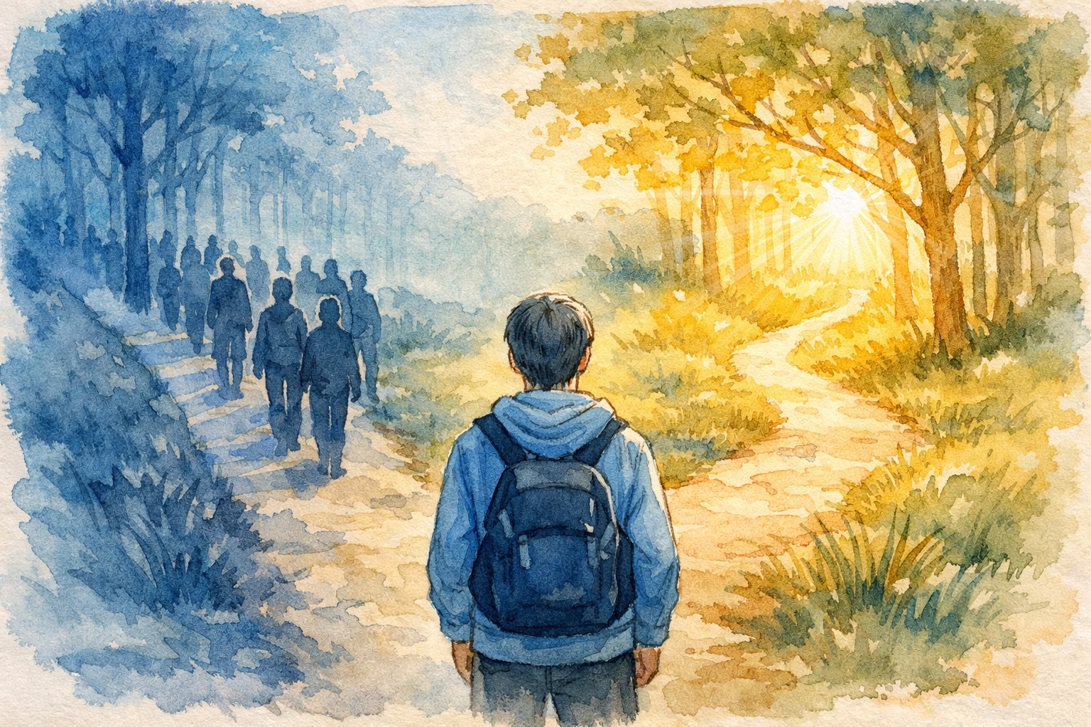 Person choosing authentic path over crowded road in peaceful forest clearing