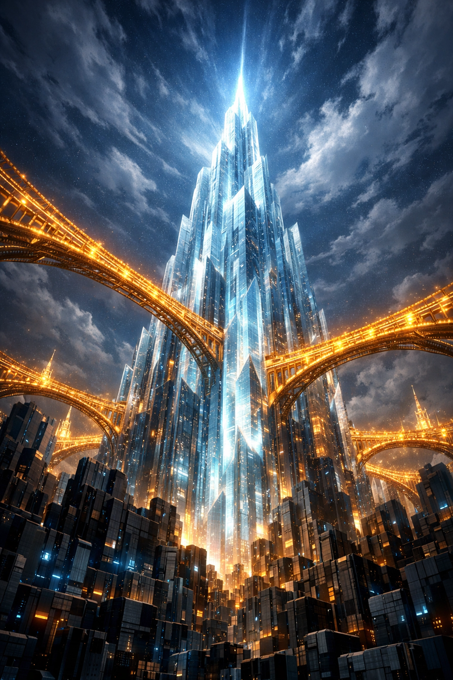 A glowing skyscraper connected by bridges of light, symbolizing internal linking and website authority building.