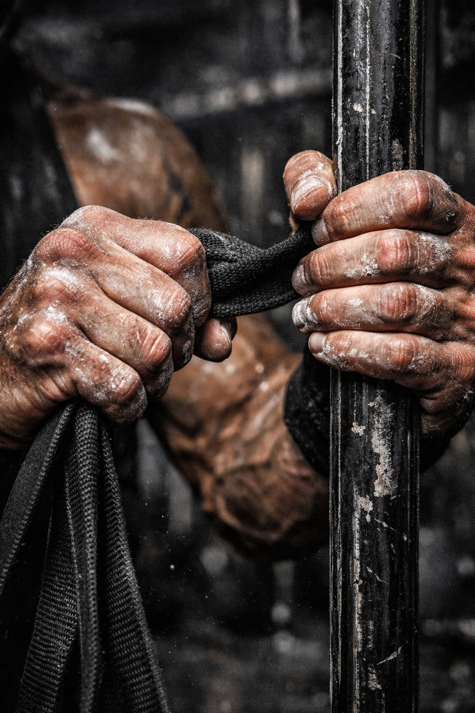 Chalked hands gripping a resistance band on the best calisthenics equipment for home training.