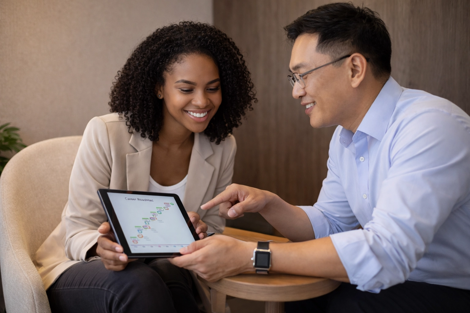 Manager and administrative professional in a one-on-one meeting reviewing a career roadmap on a tablet in a quiet office nook.
