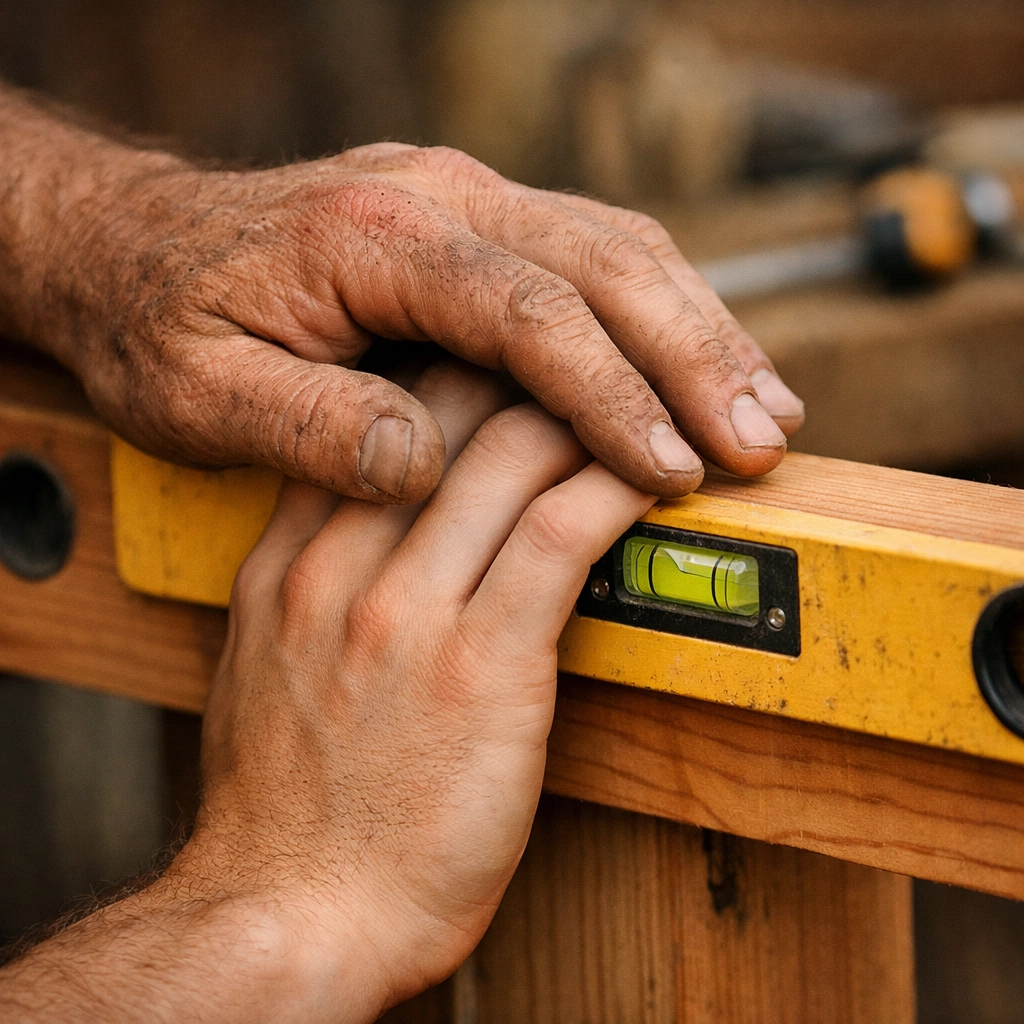 Close-up of a mentor's hand guiding an apprentice on a construction tool, blue-collar gay fiction.