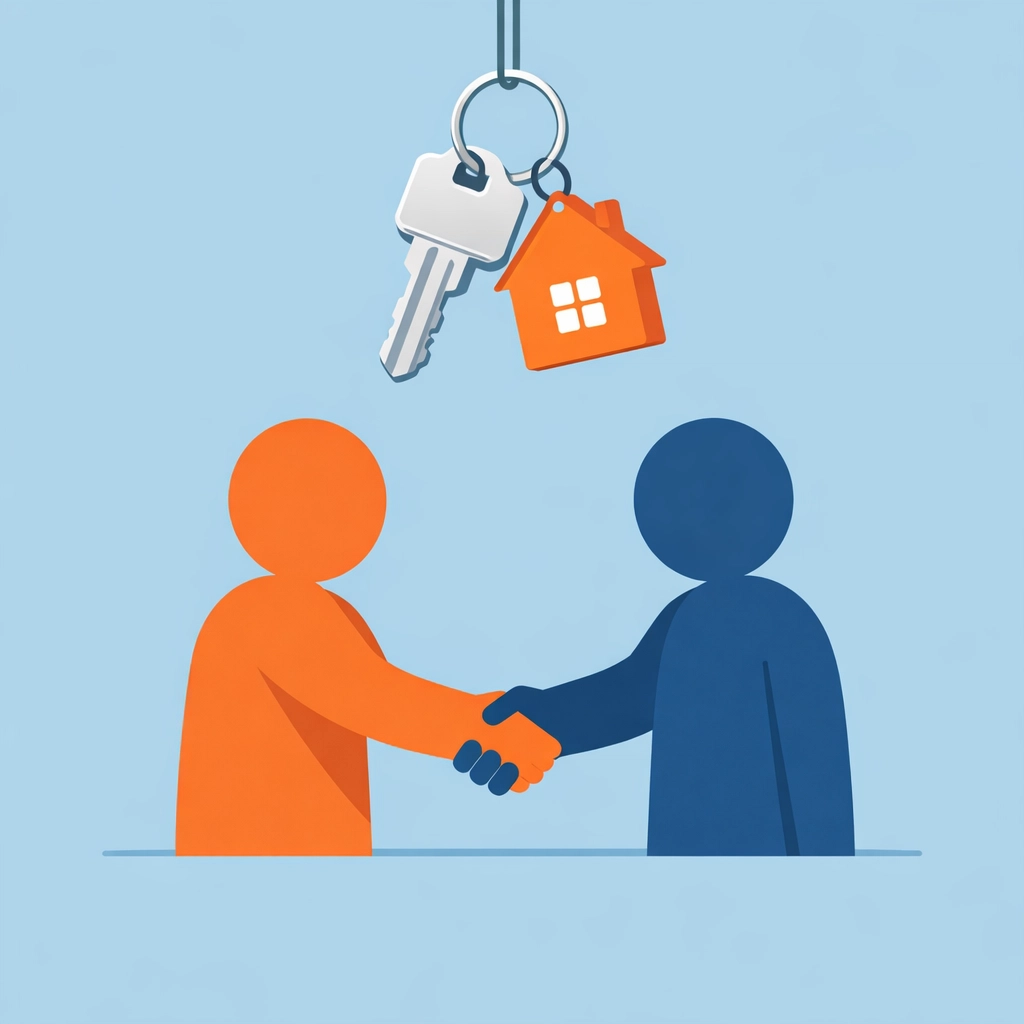 Apretón de manos y llaves simbolizando la compra exitosa de una casa en USA.