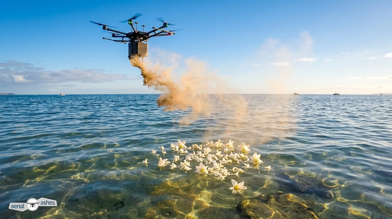 An artistic representation of a memorial ceremony where a drone scatters ashes over white flower petals floating on the crystal clear Cornish sea.