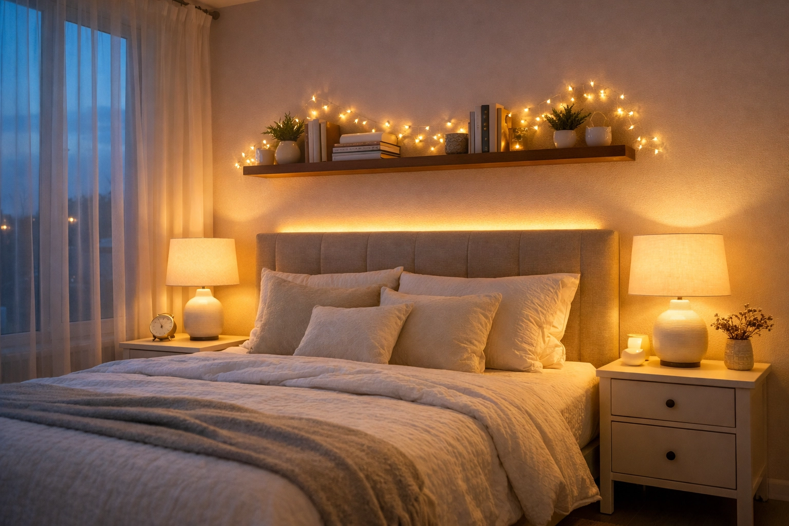 Bedroom with layered lighting including bedside lamps, LED strips, and fairy lights