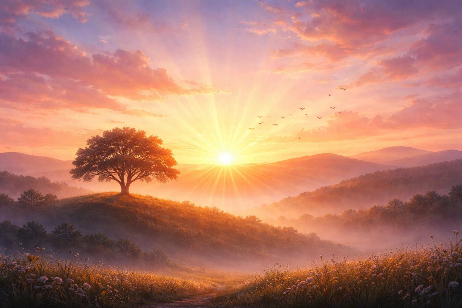 Sunrise over peaceful hills with a lone tree, representing hope, renewal, and God's promise in changing times.