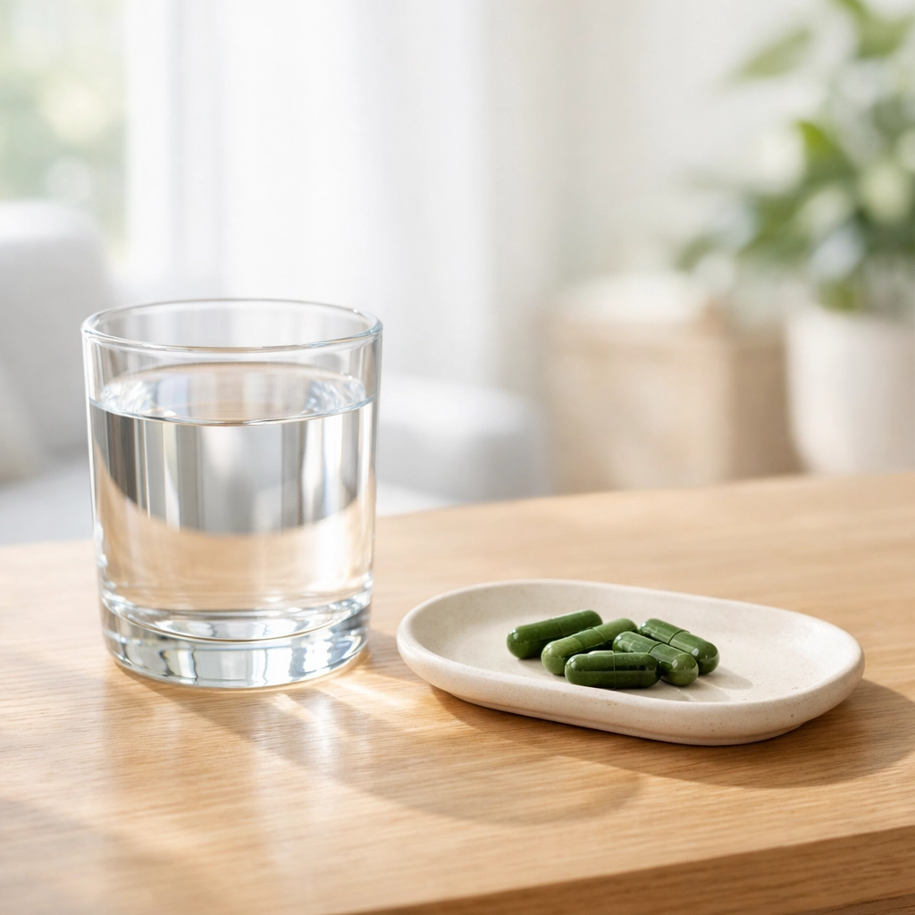 Bitter melon complex capsules and fresh water on a tray for daily metabolic health and hydration.