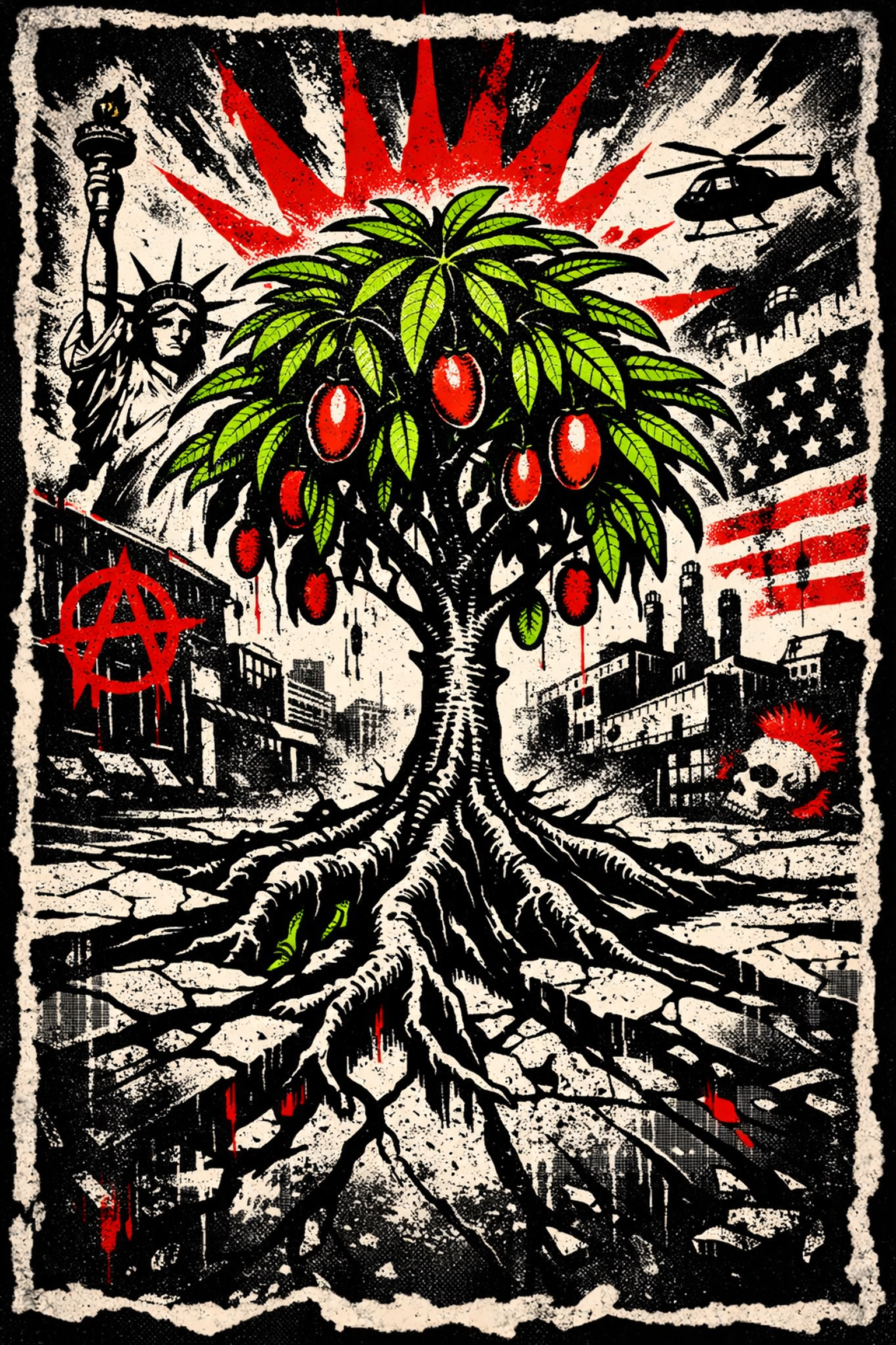 Mango tree growing through cracked concrete - determination and self-reliance metaphor