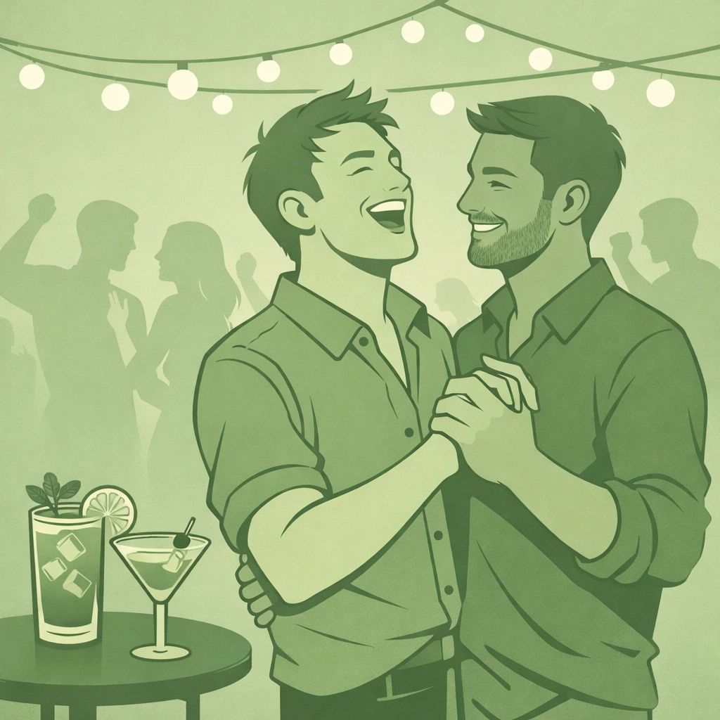 Gay couple dancing at alcohol-free sober pride celebration event