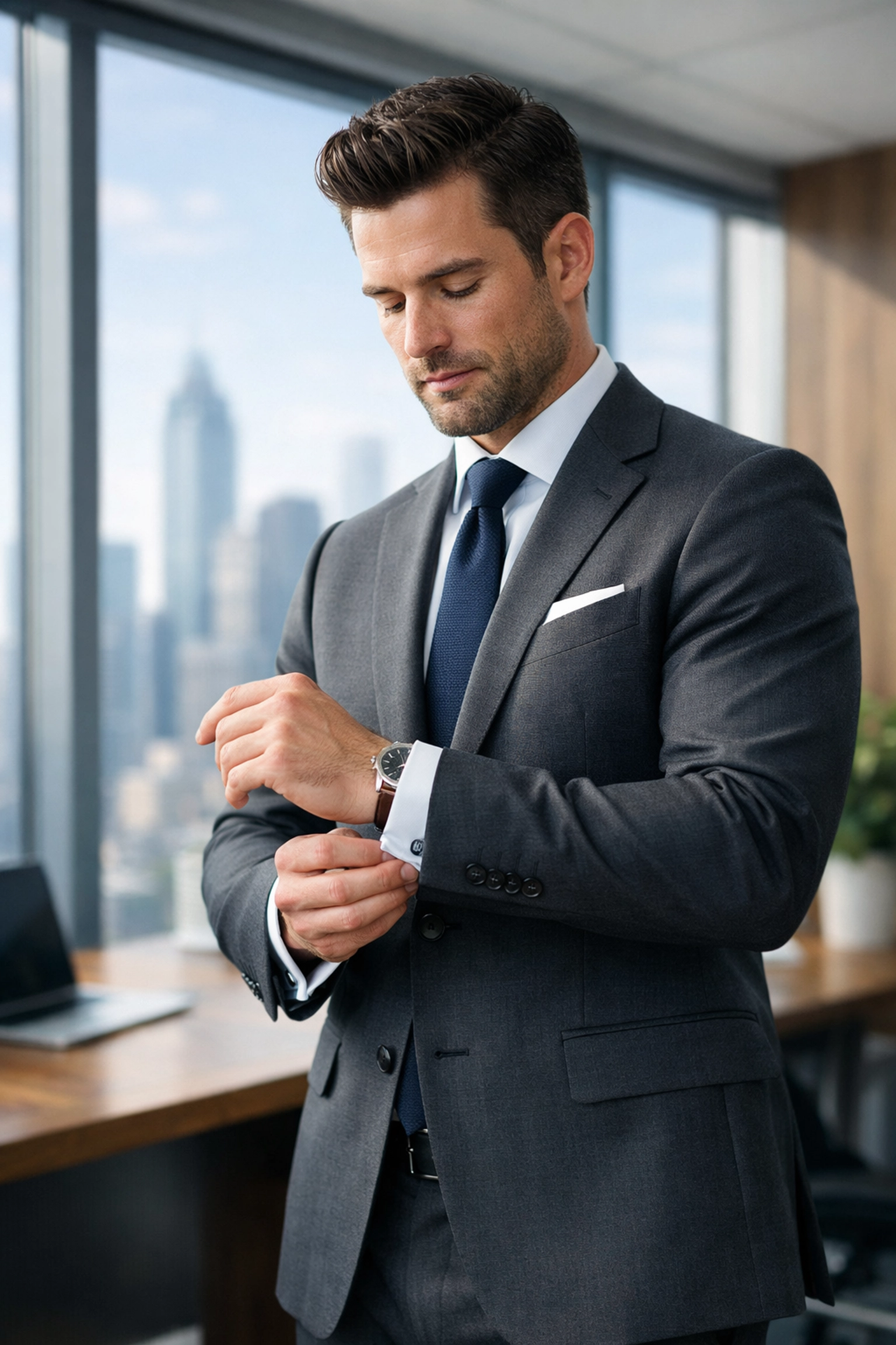 Professional man wearing perfectly tailored charcoal suit in modern office setting