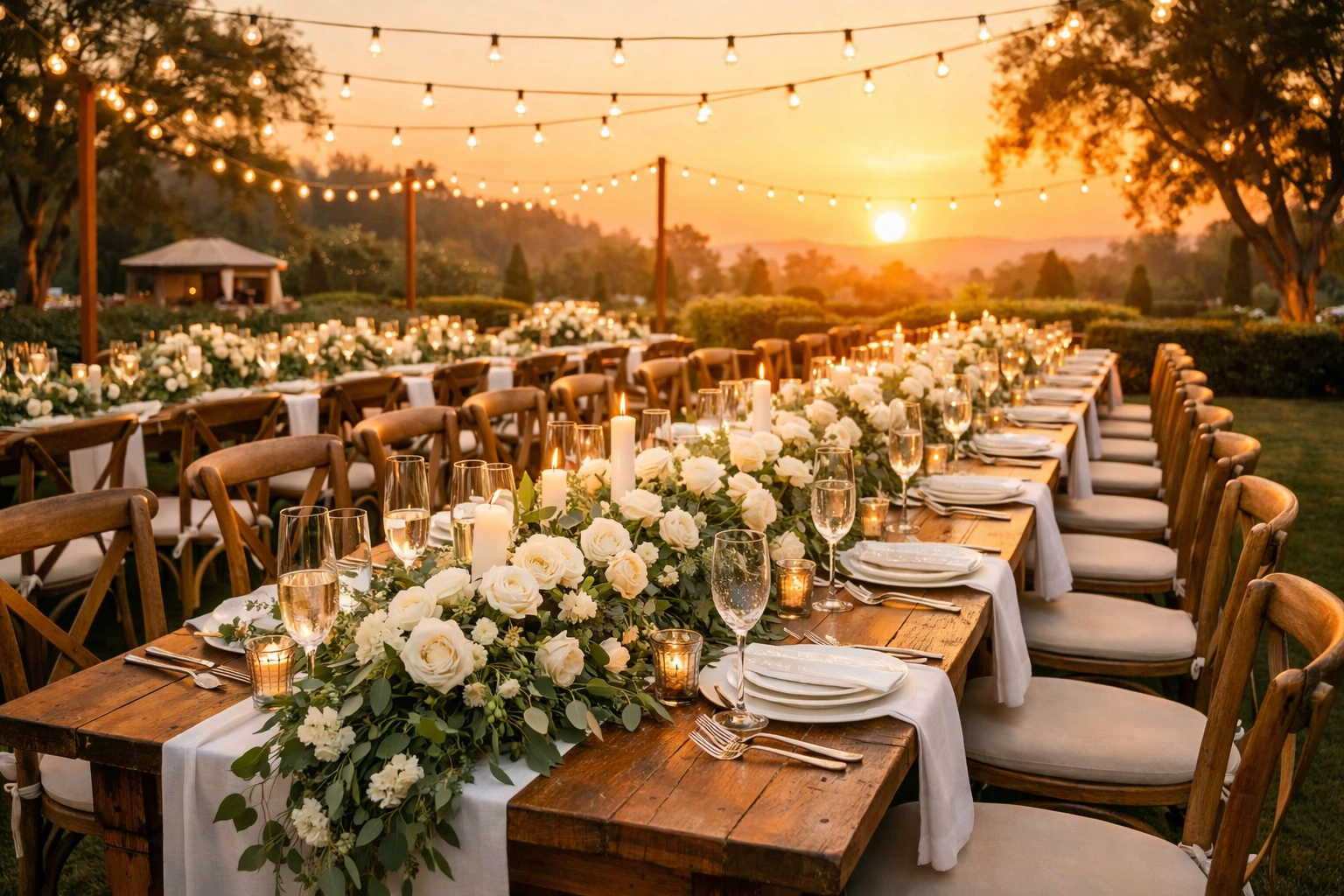 A stunning, fully funded outdoor wedding reception with elegant table settings and romantic lighting.