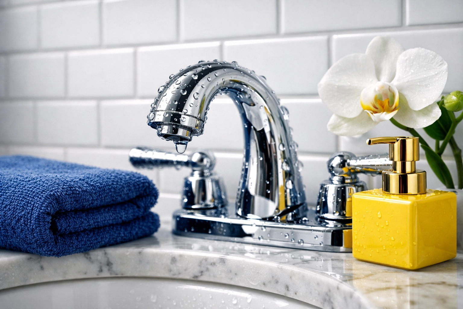 A deep-cleaned bathroom vanity with sparkling chrome fixtures and white subway tiles in a modern home.