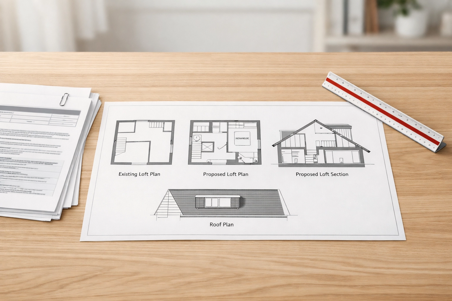 Professional architectural floor plans for an Epping loft conversion project on a desk.