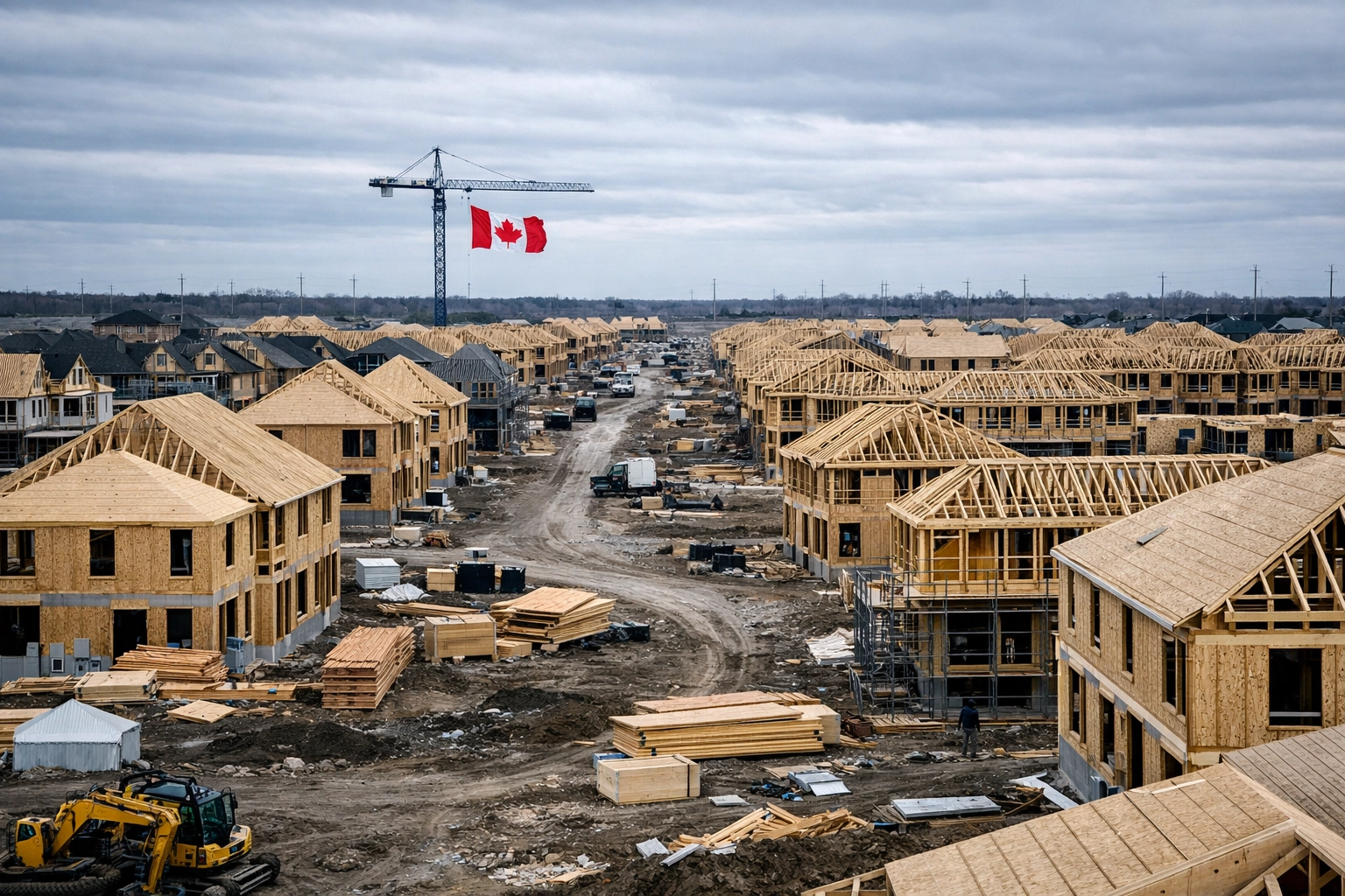 A wide-angle view of a sprawling new home construction site in the Greater Toronto Area.