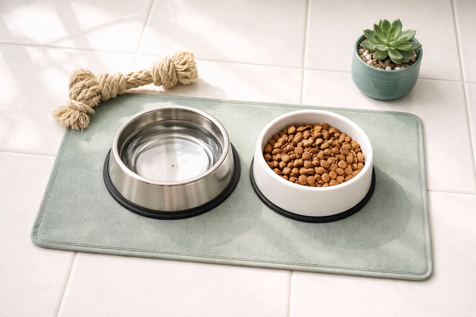 Stainless steel pet bowl and ceramic dish on a sage mat with eco-friendly pet toys, highlighting sustainable, organized pet care.