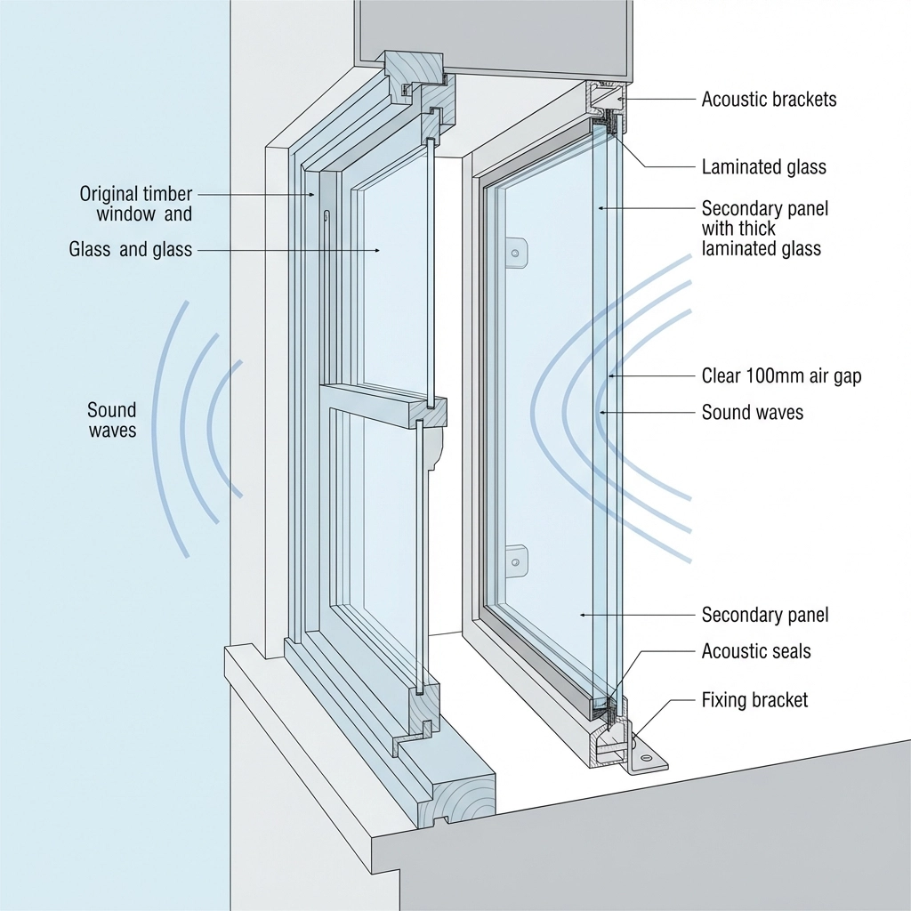 Acoustic secondary glazing installation showing the air gap between window panes