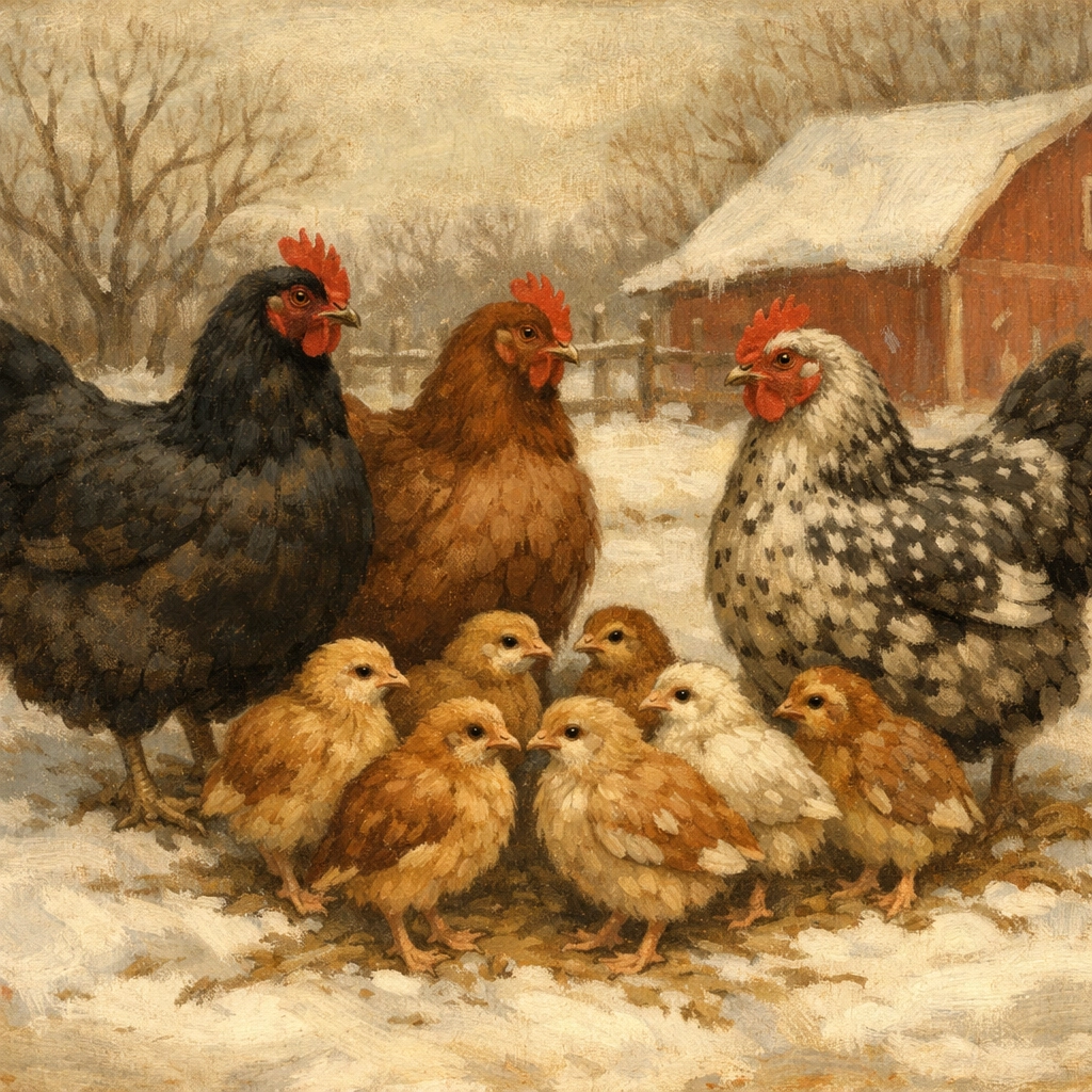 Mature hens mentoring young pullets in winter farmyard at Mercy Coop