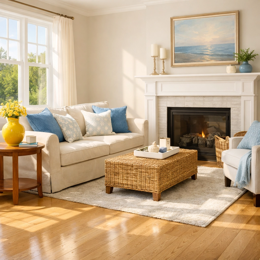 Sunlit living room in Stow, MA after a professional post-winter deep cleaning refresh.