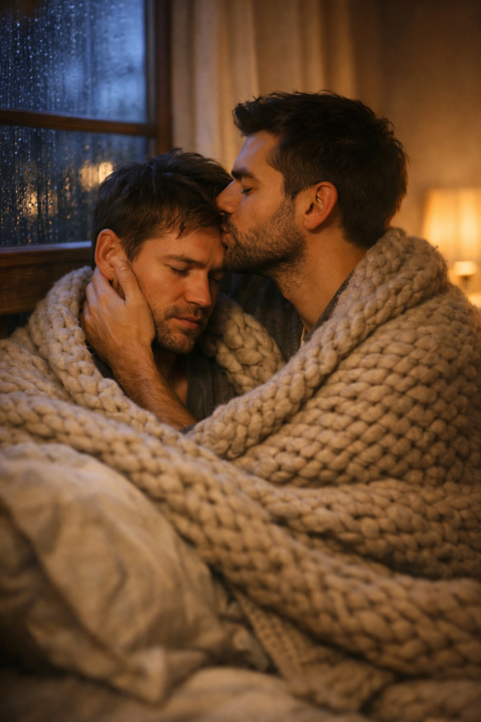 A comforting moment between two men wrapped in a blanket, showing the heartfelt hurt comfort trope in gay fiction.
