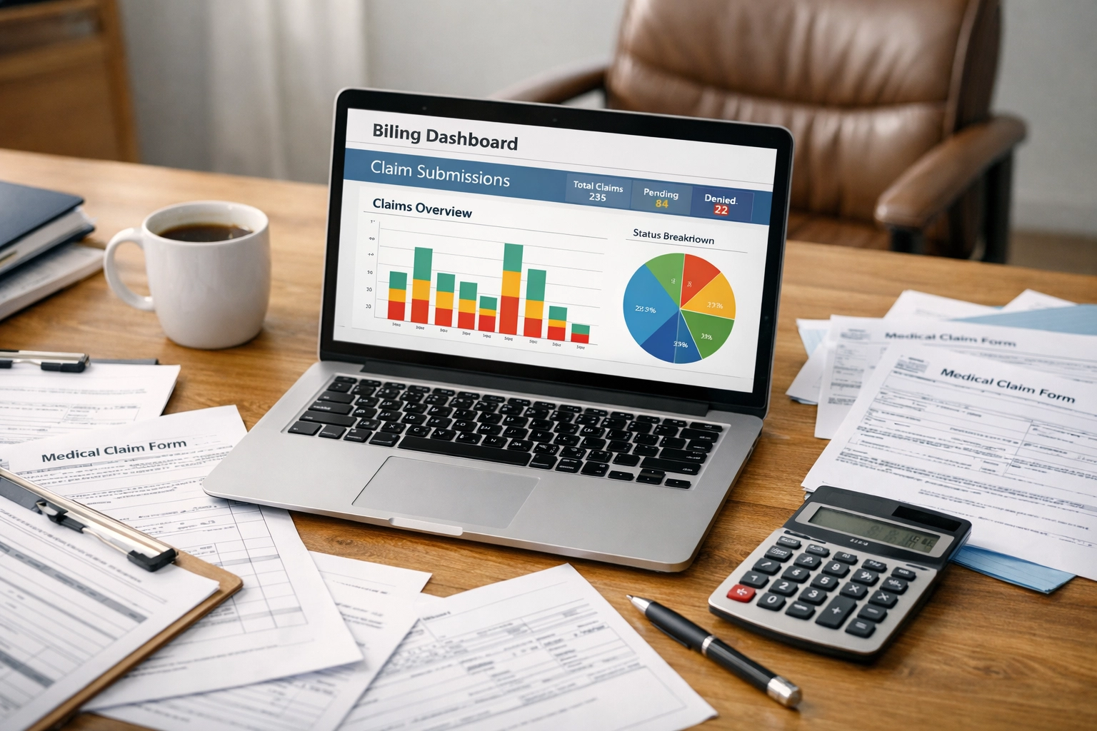 Medical billing dashboard showing claim submissions on office desk with paperwork