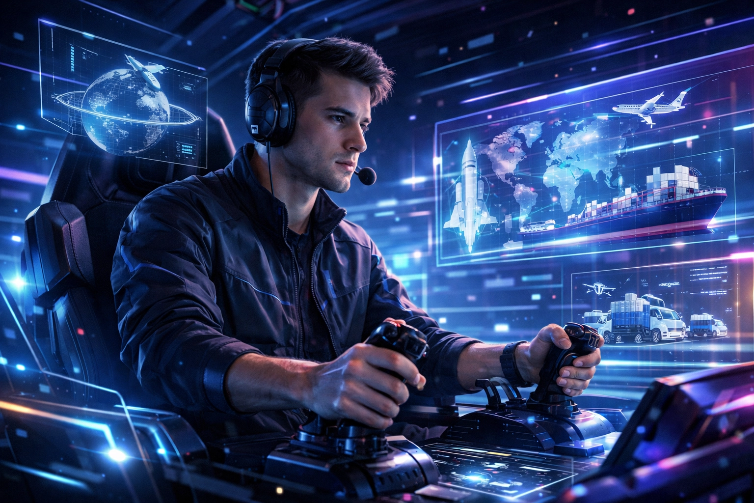 Student in a high-tech simulation pod training for advanced career paths in engineering and technology.