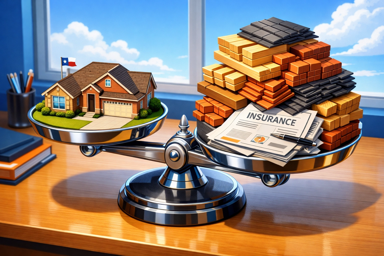 Scale showing a Texas house outweighed by construction materials, representing rising insurance rebuilding costs.