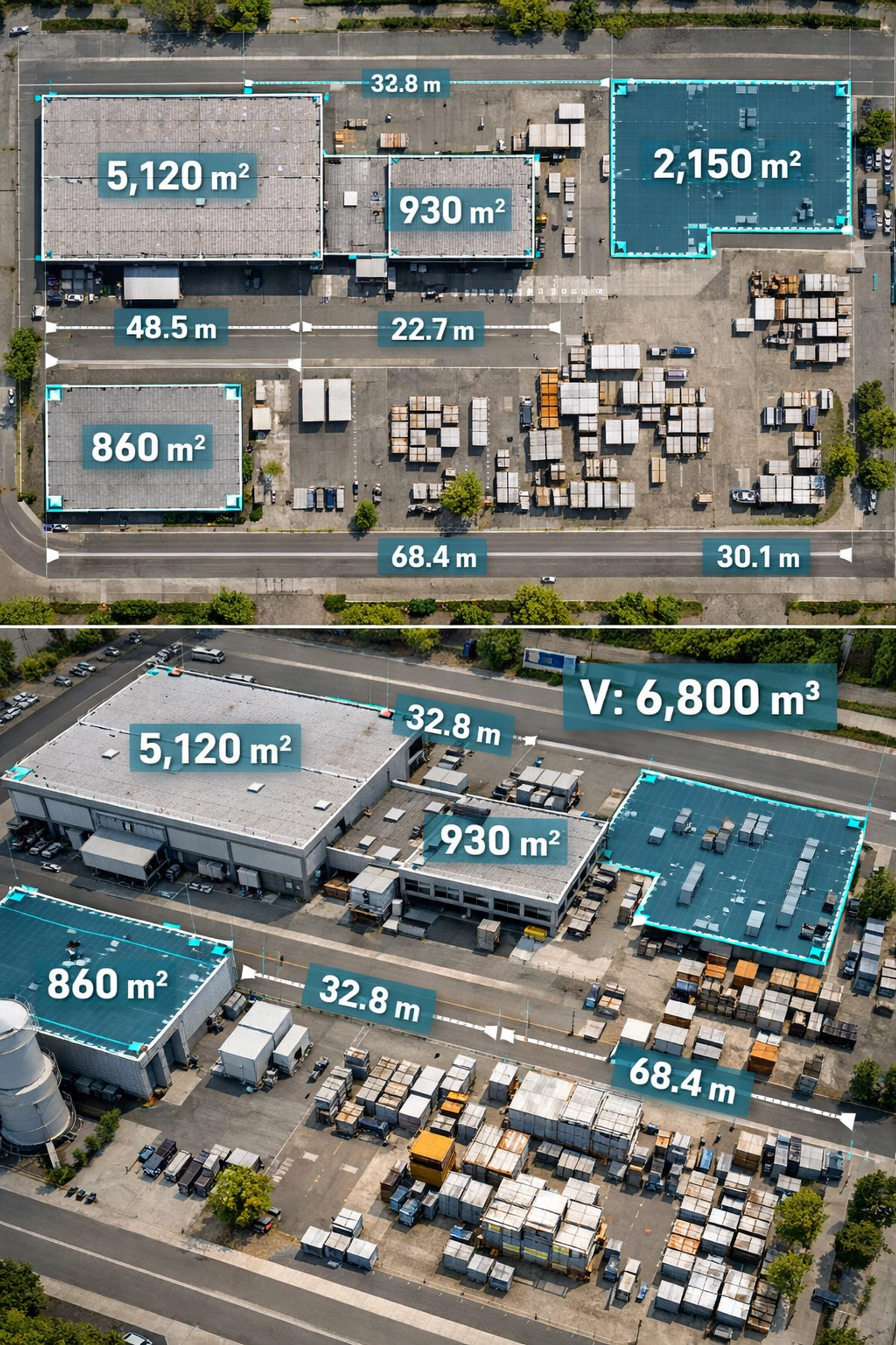 Split view comparison of 2D orthomosaic and 3D drone mapping model of industrial facility