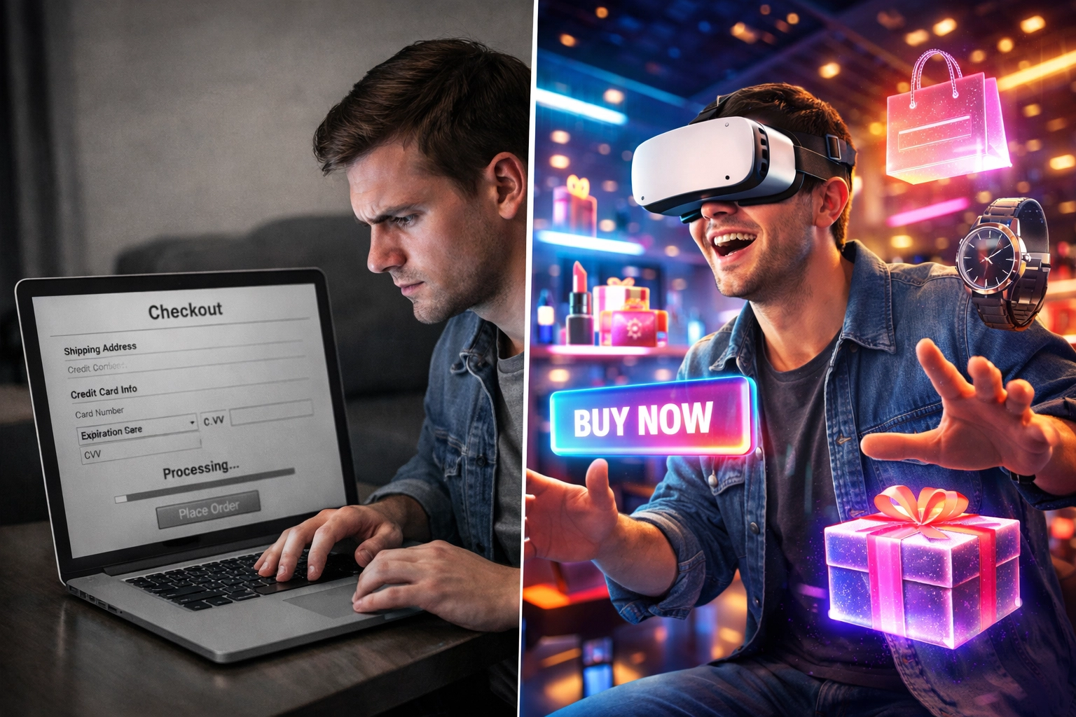 Comparison of traditional online checkout versus immersive VR metaverse shopping experience